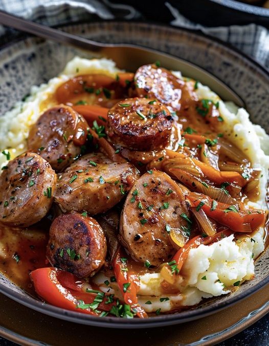 Rustic Italian Sausage with Peppers and Onions over Garlic Mashed ...