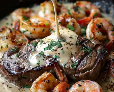 Succulent Steak Topped with Rich Creamy Garlic Shrimp