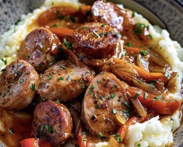 Rustic Italian Sausage with Peppers and Onions over Garlic Mashed Potatoes